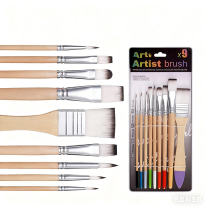 Beginner Brush Set - 9pcs Nylon Hair for Watercolor Acrylic Oil Painting