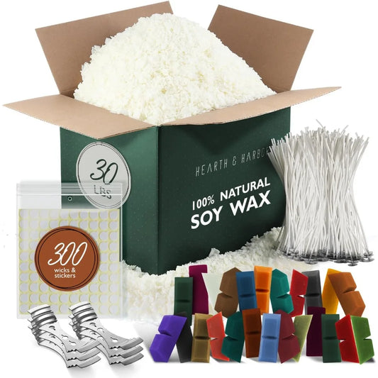 30 Lbs Soy Candle Wax Flakes, 24 Candle Wax Dye Blocks, 300 Cotton Wicks, and 6 Metal Centering Device