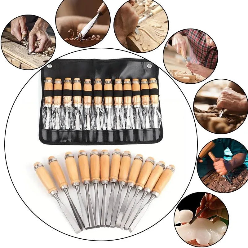 12pcs Professional Wood Carving Chisel Set, Beech Wood Handle With Comfortable Grip