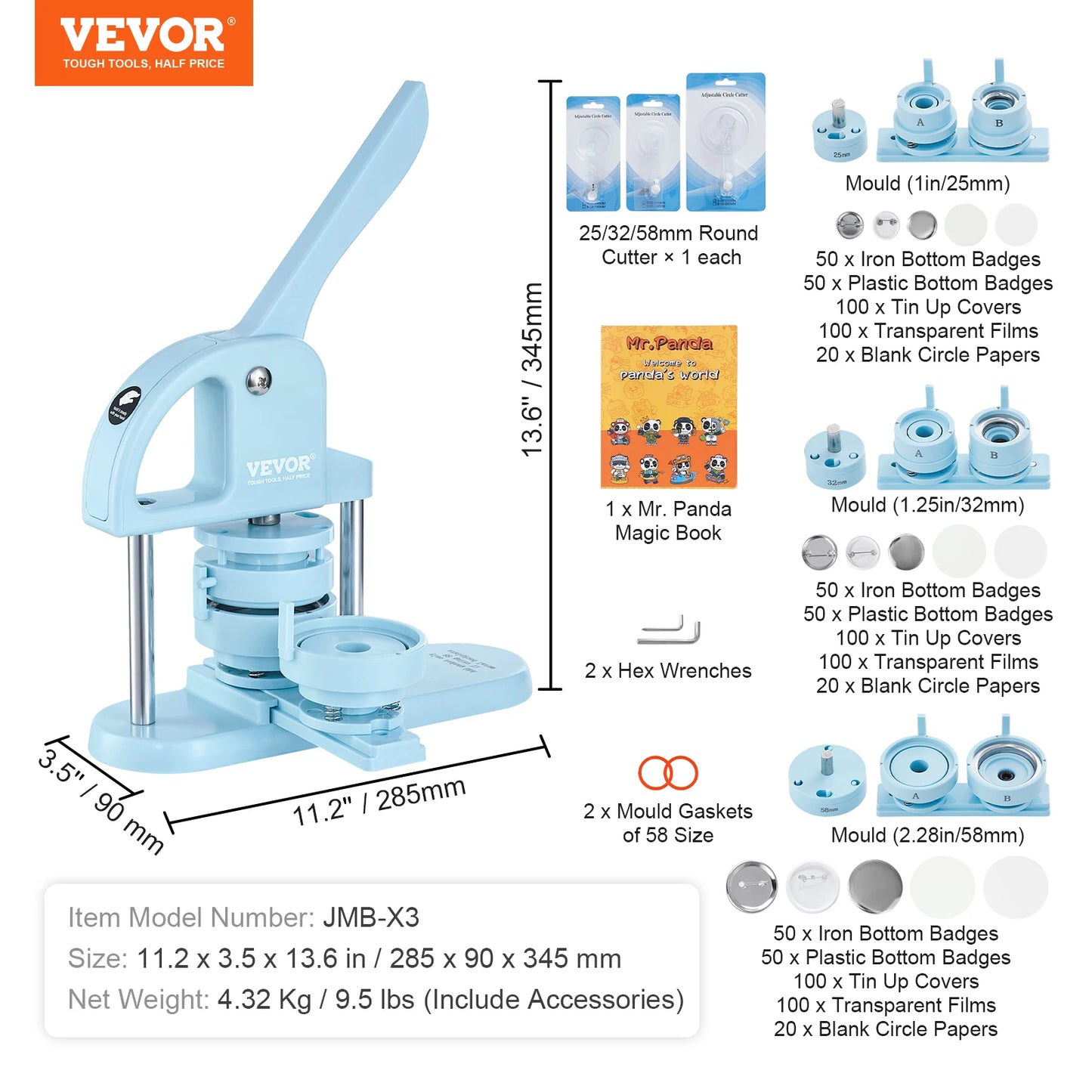 SucceBuy 3-IN-1 Button Maker Machine with Panda Magic Book Ergonomic Arc Handle Punch Press Kit