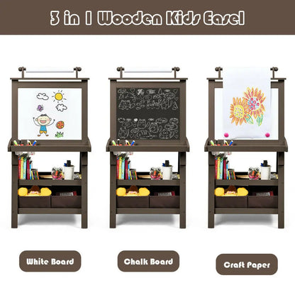 3 in 1 Double-Sided Storage Art Easel w/ Paint Cups Coffee