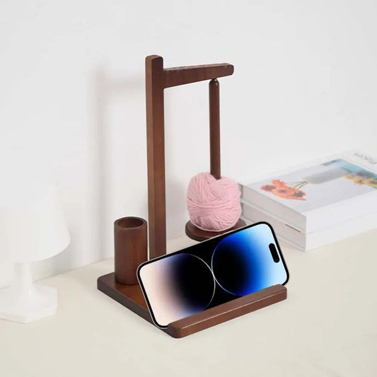 3-in-1 Wooden Yarn Holder with Phone Stand Rotatable Yarn Ball Storage Rack Magnetic Yarn Spinner